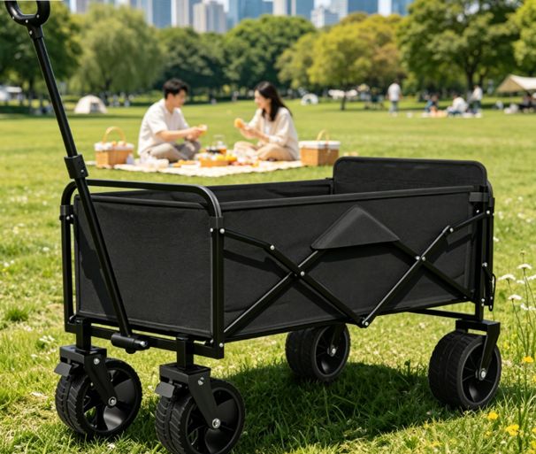 Black Heavy-Duty Collapsible Wagon Cart - All-Terrain Foldable Utility Cart For Camping, Picnics & Beach Trips_desvips.com