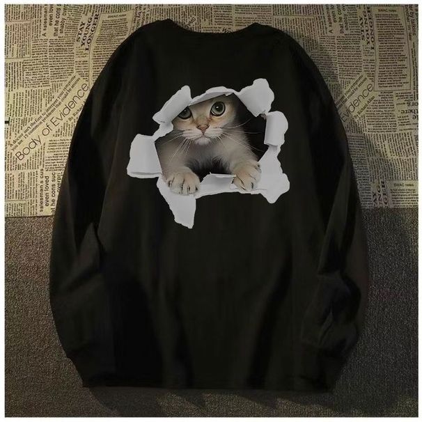 100% Cotton American Style Trendy Fun Cat Print Cuffed Long Sleeve Unisex 2024 New Spring Autumn Thin Top_desvips.com