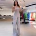 Women's Clothing summer new fashion slanted shoulder collar waist solid color wide leg jumpsuit for women_desvips.com