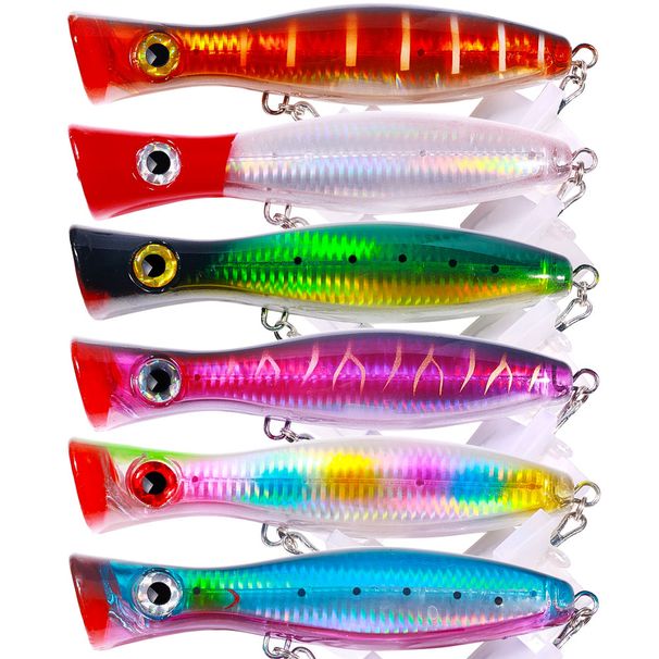 HENGJIA 6pc 17cm/6.69in 83g Big Popper Fishing Lure Set Pesca Treble Hooks Crank Bait 3D Eyes Artificial Hard Bait Carp Pike Fishing Tackle_desvips.com
