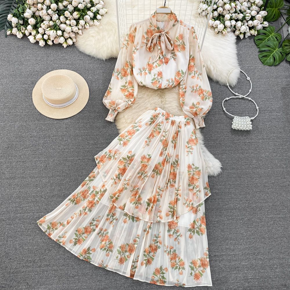 Women's Clothing light mature style, lantern long sleeves, bowknot, loose printed chiffon shirt, two-piece suit, high waist skirt_desvips.com
