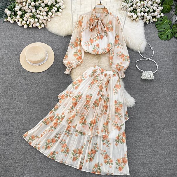 Women's Clothing light mature style, lantern long sleeves, bowknot, loose printed chiffon shirt, two-piece suit, high waist skirt_desvips.com