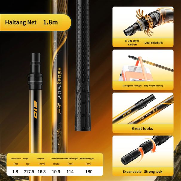 JADNNE Haitang Carbon Landing Net Pole Set, Ultra Light Hard Telescopic Integrated Big Fish Landing Net With Net Head_desvips.com