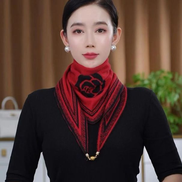 Autumn Winter New Fashionable Elegant Korean Style Versatile Knitted Camellia Color Block Magnetic Buckle Triangle Scarf_desvips.com