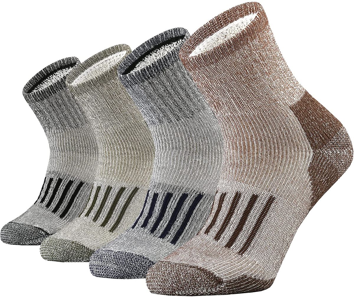 Men's Merino Wool Moisture Wicking Outdoor Thicken Warm Hiking Heavy Cushion Quarter Socks 4 Pairs Euro Size 43-46_desvips.com