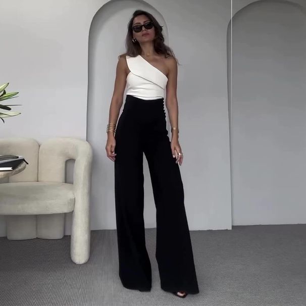 Women's Clothing fashion solid color oblique collar slim fit top high waist wide leg pants suit_desvips.com