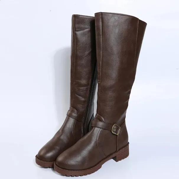 Retro Brown Knee High Large-sized Low Platform Long Autumn Pu Leather Zipper Womens Warm Boots 240911_desvips.com
