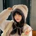 Bear Plush With Tie For Women, Autumn Winter Warm Windproof Ear Protection Hat, Sweet And Cute Face-Slimming Knitted Hat_desvips.com