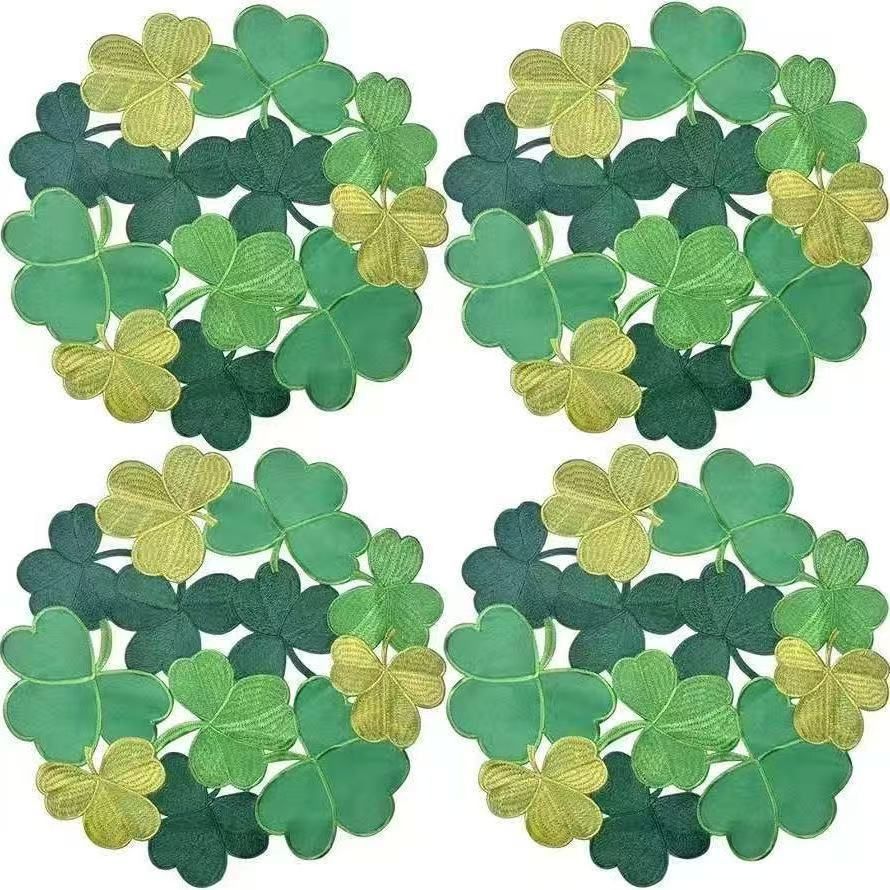 St. Patrick's Day Clover Color-blocked Hollow Embroidered Round Placemat, Coaster, Heat Insulation Pad, Dust Cover_desvips.com