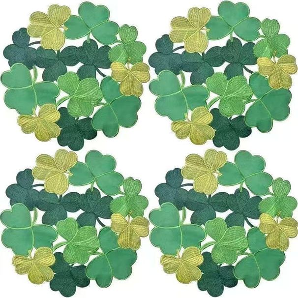 St. Patrick's Day Clover Color-blocked Hollow Embroidered Round Placemat, Coaster, Heat Insulation Pad, Dust Cover_desvips.com