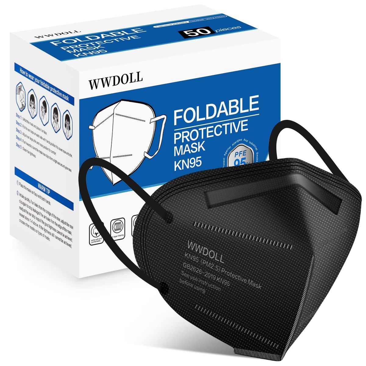 WWDOLL KN95 Face Masks 50 Pack, 5-Layer Breathable Disposable Respirator Mask For Adult Black_desvips.com
