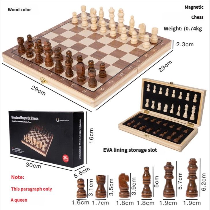 Large Solid Wood Double Queen Magnetic Chess Checkers Set Foldable Chessboard Adult Children Educational Toy_desvips.com