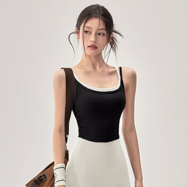 Women's Backless Strapless Top With Built-in Padding Sports Fitness Sleeveless, Patchwork Cotton Top, Summer_desvips.com