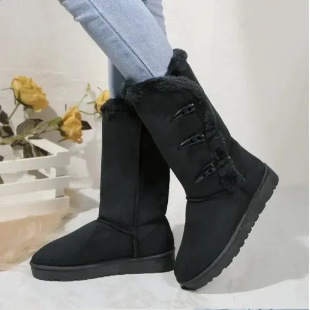 Women Snow Winter Mid-calf Warm Cotton Shoes Fashion Solid Color Button Ladies Brown Long Boots Plus Size 41 240830_desvips.com