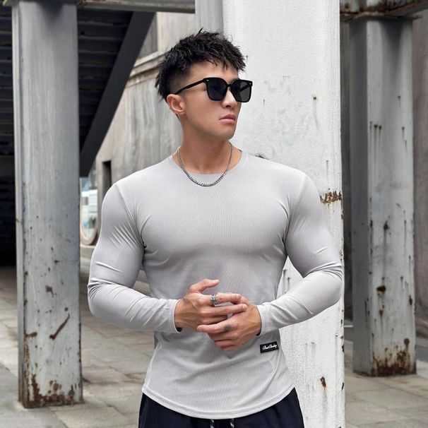 Trendy Striped No Ironing Fitness Long Sleeved Men's Basketball Running Training High Elasticity Quick Drying Sports_desvips.com