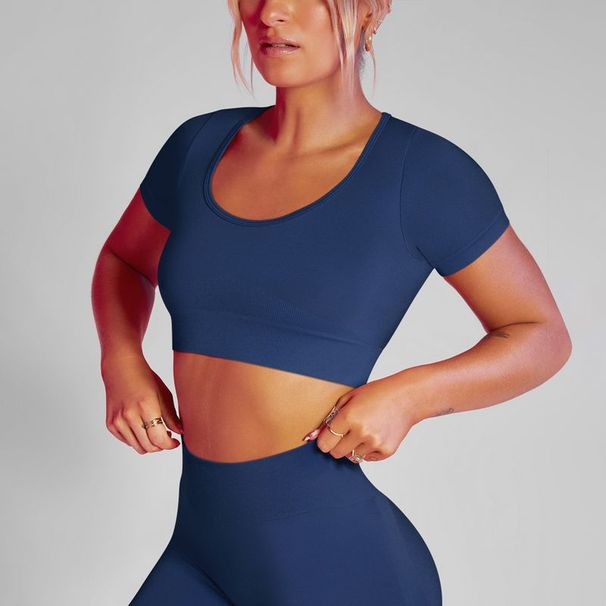 New Seamless Solid Color Low Neck Sho Sleeved Tight High Elasticity Spos Running Fiess Yoga Clothing Women's_desvips.com