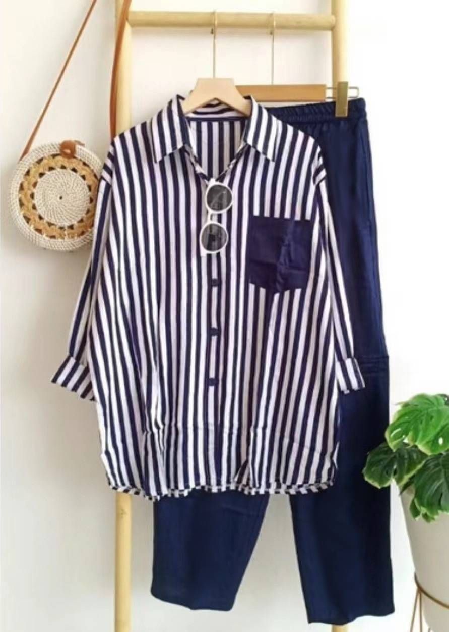 Women's Plus Size Women's Clothing Summer Slightly Fat MM Fashionable Loose Slim Comfortable Casual Striped Suit_desvips.com