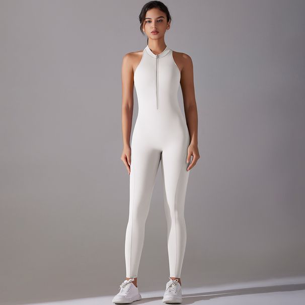 Women's One Piece Zipper Bodysuit European American Style Yoga Sports Tights Hollowed out Back Fitness Running Wear_desvips.com