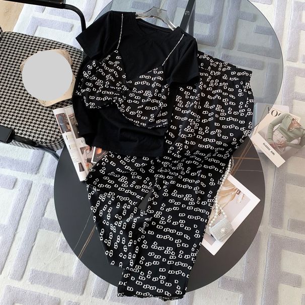Women's Clothing Sports suits for women summer new style fashionable versatile high-end black short-sleeved wide-leg pants two-piece suit_desvips.com