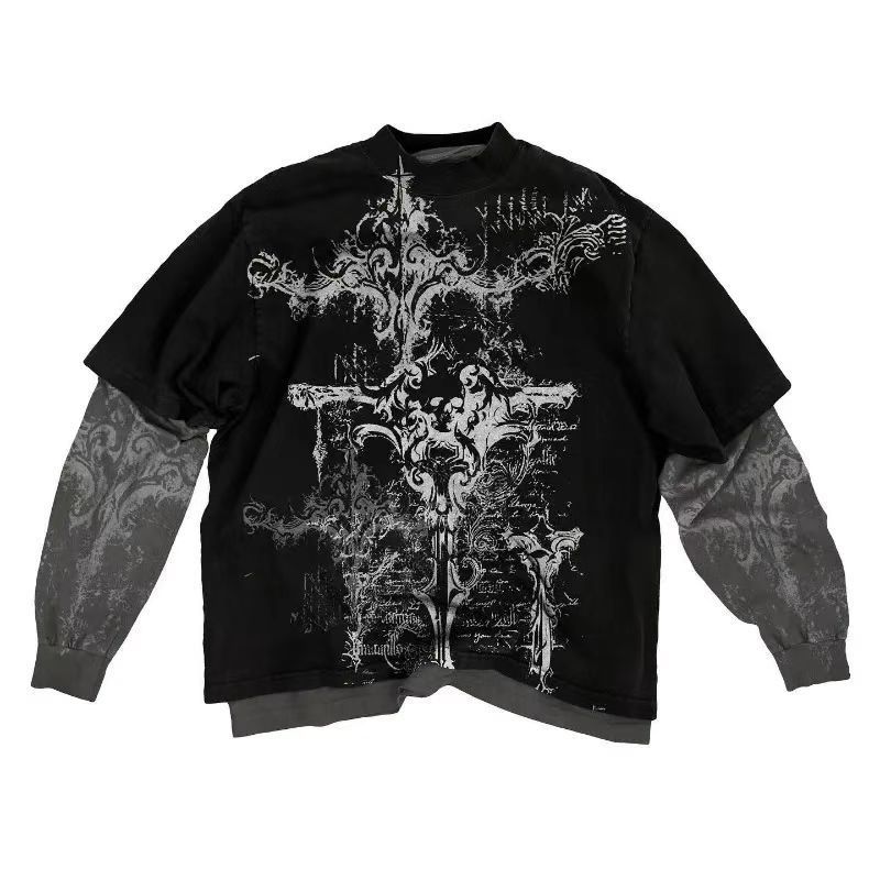 2025 New Street Fashion Brand Skull Graffiti Print Fa Ke Two-Piece Top Casual Long Sleeve T-Shirt_desvips.com