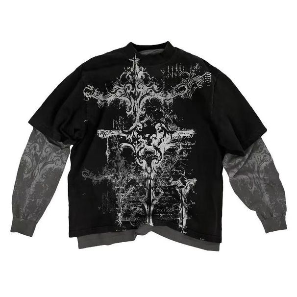 2025 New Street Fashion Brand Skull Graffiti Print Fa Ke Two-Piece Top Casual Long Sleeve T-Shirt_desvips.com