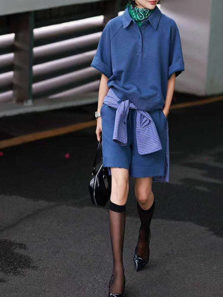 Summer Casual Outfit For Women 2025, Super Stylish Blue Polo Collar Short-sleeve Drawstring Shorts Sports Set_desvips.com