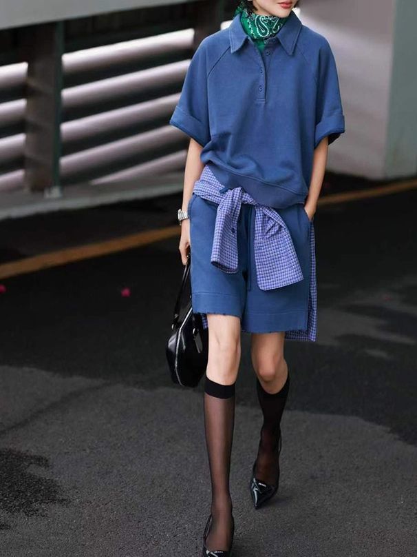 Summer Casual Outfit For Women 2025, Super Stylish Blue Polo Collar Short-sleeve Drawstring Shorts Sports Set_desvips.com