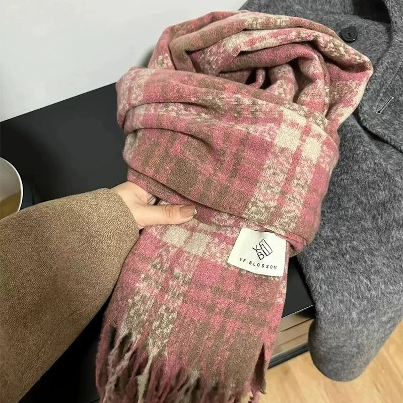 Plaid Scarf For Women, Autumn Winter 2024 New Style, Dry Rose Pink, Atmosphere And High-end Feel, Versatile Thickened_desvips.com