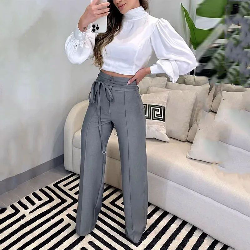 Women's Clothing summer new temperament slim fitting puff sleeve top design drawstring suit pants suit for women_desvips.com