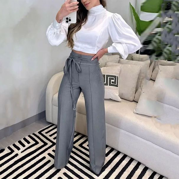 Women's Clothing summer new temperament slim fitting puff sleeve top design drawstring suit pants suit for women_desvips.com
