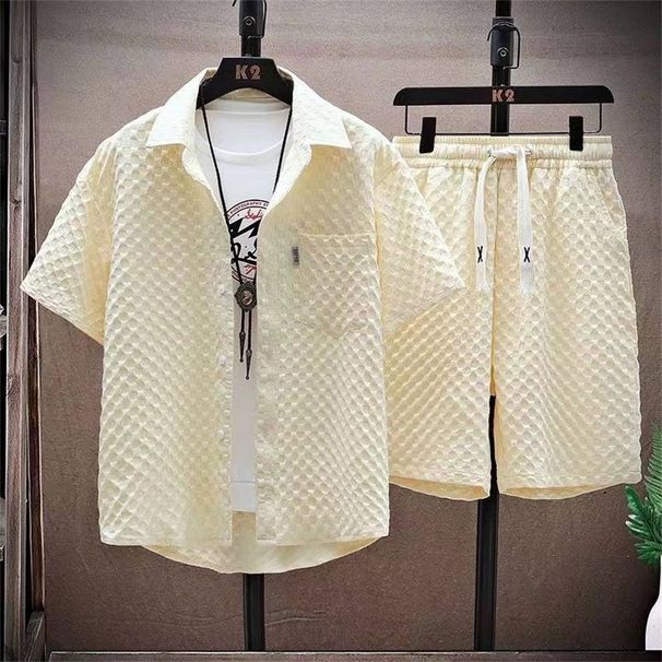Men's Clothing 2025 New Summer Ice Silk Suit Men's Trendy Short-Sleeved Shirt And Shorts Set Waffle Thin Sports Casual Two-Piece Suit_desvips.com