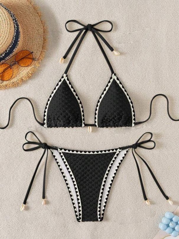 Sexy White Contrast Bikinis Sets 2025 Women Shell Ornament Push Up Tie Side Thong Swimsuit Summer Bathing Suit Micro_desvips.com