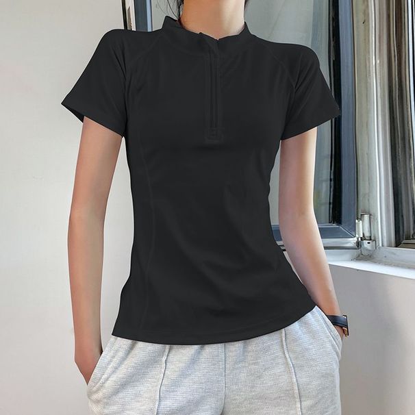 Women's Sports Short-sleeve Half-zip Elastic Casual T-shirt, Slim-fit Yoga Stand-up Collar Fitness Top, Summer Nylon_desvips.com