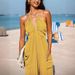 Women's Clothing deep V halterneck sleeveless pleated pocket back tie wide leg cuff long jumpsuit_desvips.com