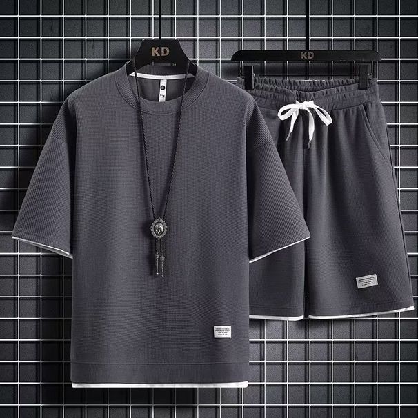 Casual Sports Suit For Men Summer Ice Feel Trendy Loose Waffle Short Sleeve Shorts Set Stylish Outfit_desvips.com