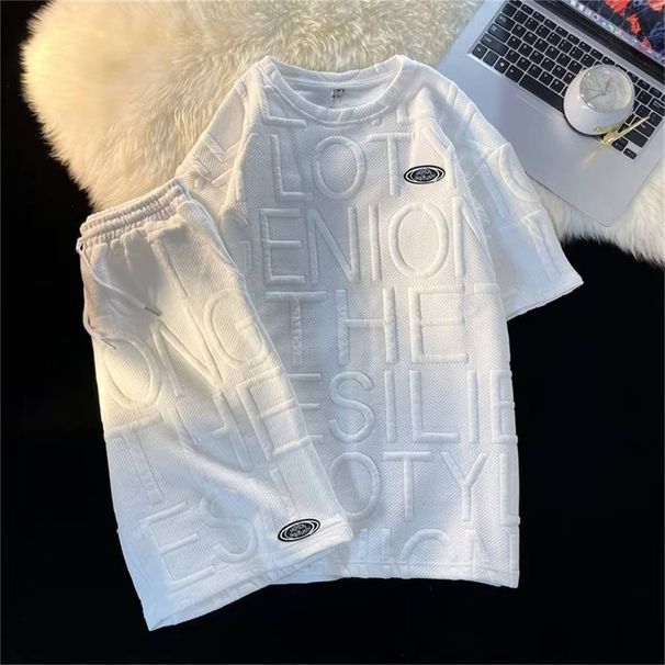 Man's Clothing 2025 New Casual Sports Suit Men's And Women's Waffle College Style Short Sleeve T-Shirt Loose Letter Shorts Summer Two-Piece Set M-3XL_desvips.com