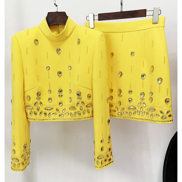 Women's Clothing celebrity fashion new heavy beaded diamond short top skirt suit two piece suit_desvips.com