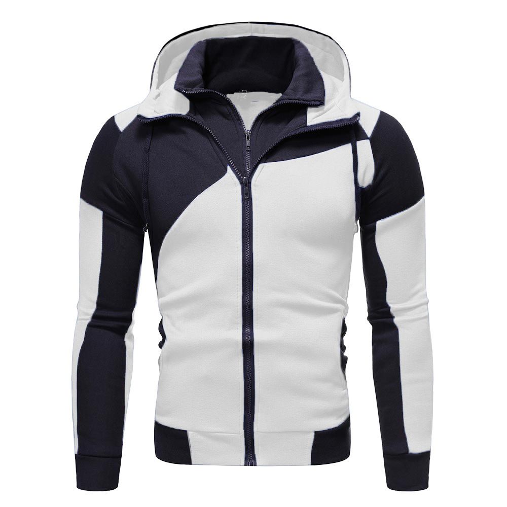 Men's Clothing Personalized Colorblock Double Zipper Hooded Cardigan Slim Sweater_desvips.com