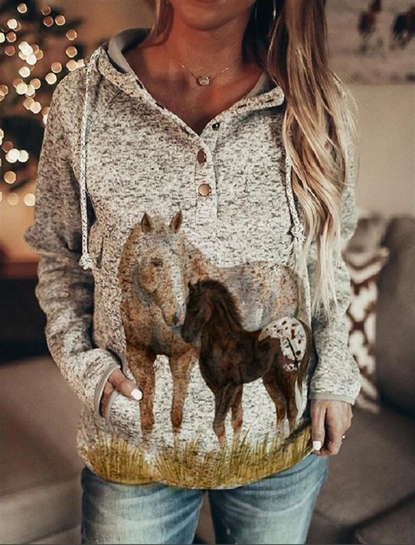 Autumn European And American Style Hooded Pullover Solid Color Casual Urban Long Pattern Printed Sweatshirt For Women_desvips.com
