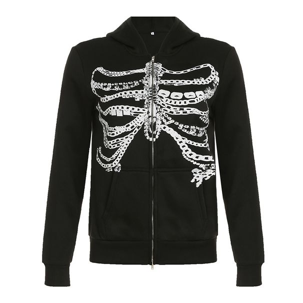 Personalized Dark Style Breastbone Print Hooded Cardigan Sweatshirt With American Niche Design, Loose Casual Jacket_desvips.com