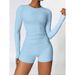Set Women's Solid Tracksuit Set, Long Sleeve Round Neck Sports Tee & High Waist Skinny Shorts,Minimalistic Fall Outfit, 90s Clothes Leisure Wear Top_desvips.com