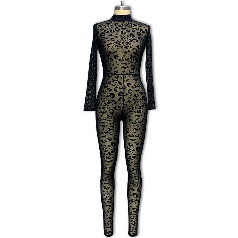 Women's Clothing jumpsuits Slim long-sleeved sexy flocked see-through slimming jumpsuits (girdle not included)_desvips.com