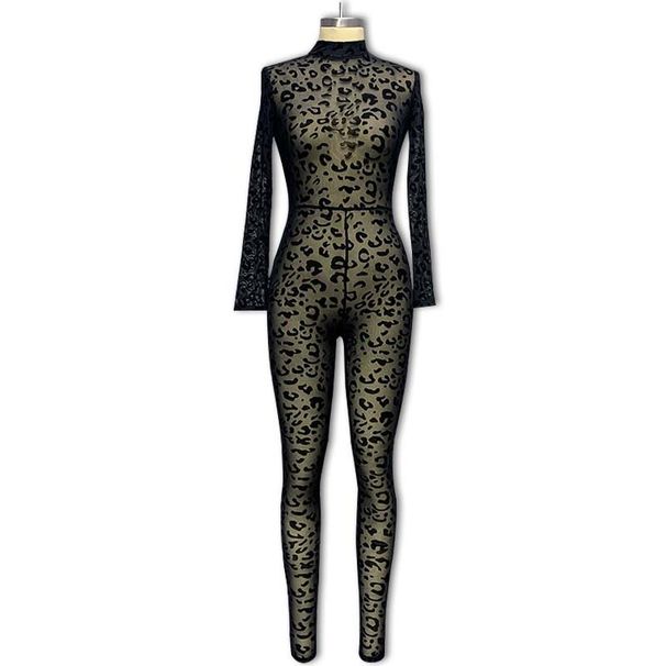 Women's Clothing jumpsuits Slim long-sleeved sexy flocked see-through slimming jumpsuits (girdle not included)_desvips.com