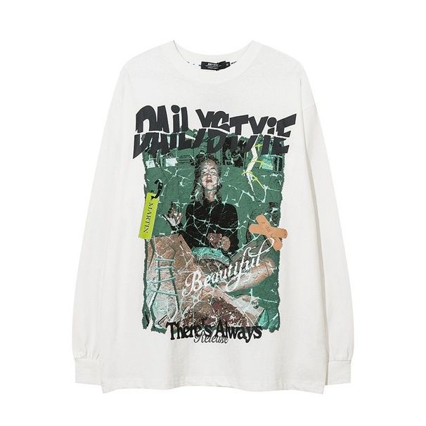 100% Cotton Trendy Brand Cracked Character Hip-Hop Cuffed Long Sleeve T-Shirt Unisex American High Street Base Shirt_desvips.com