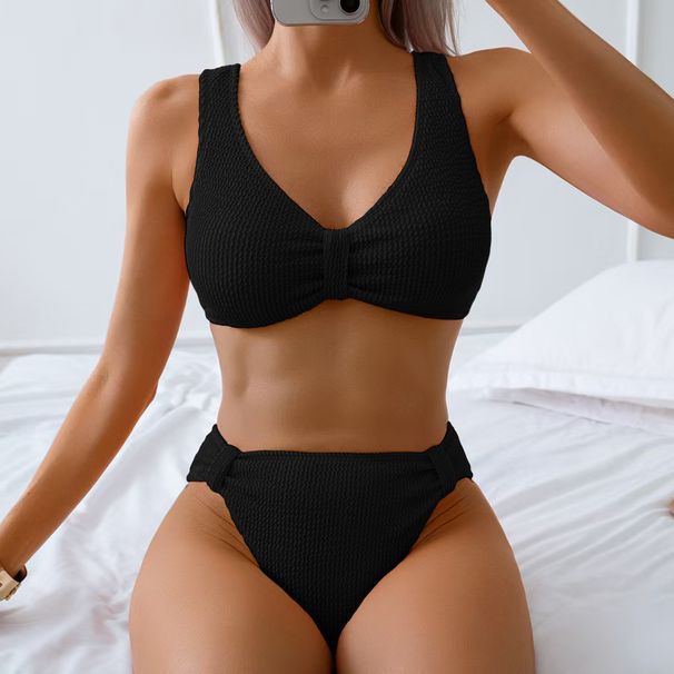2026 Summer New Women's 2 Piece Swimsuit Solid Color High Waist Bikini Set V-neck Backless Beach Vacation Bathing Suit_desvips.com