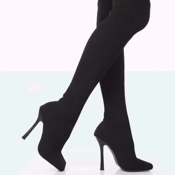 Women Stiletto Square Toe Shoes Knitted Elastic Soc Winter Designer High Heel Stovepipe Sleeve Over The Knee Boots 36-43_desvips.com