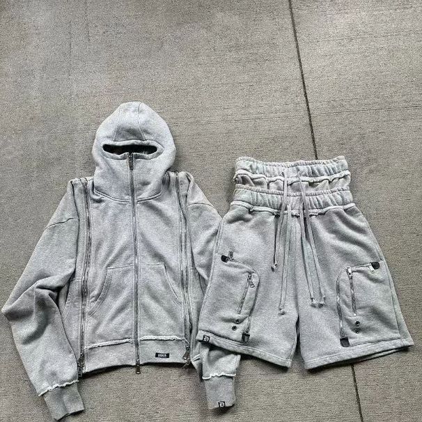 New American High Street Casual Patchwork Zipper Double Cuff Shorts Hoodie Sweatshirt Set For Men And Women Couples_desvips.com
