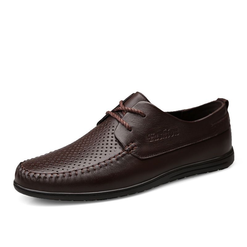 New Men's Business Casual Lace-up Leather Shoes Genuine Leather Hollow Breathable Leather Shoes Lightweight Hand-stitched Leather Shoes with Soft Sole_desvips.com