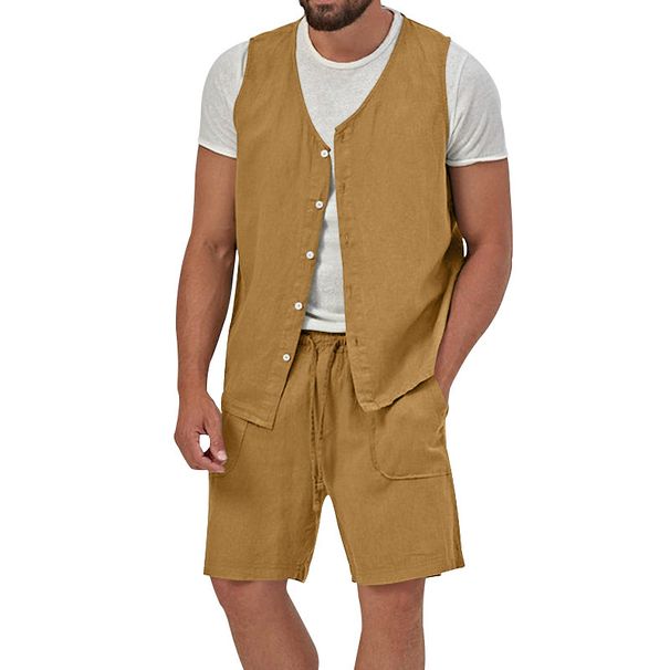 Men's Cotton And Linen Suit Casual Sleeveless Cardigan Shorts Two-Piece Suit_desvips.com