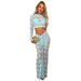 Women's perspective round neck high waist long sleeve waist hip skirt two-piece lace skirt_desvips.com